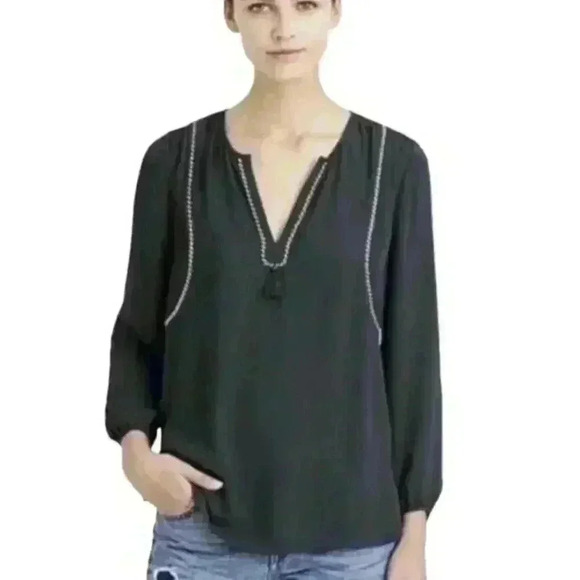 J.CREW Tops - J.Crew Black Long Sleeves Office Casual Blouse Sailor Robe Line Dressy Size 8